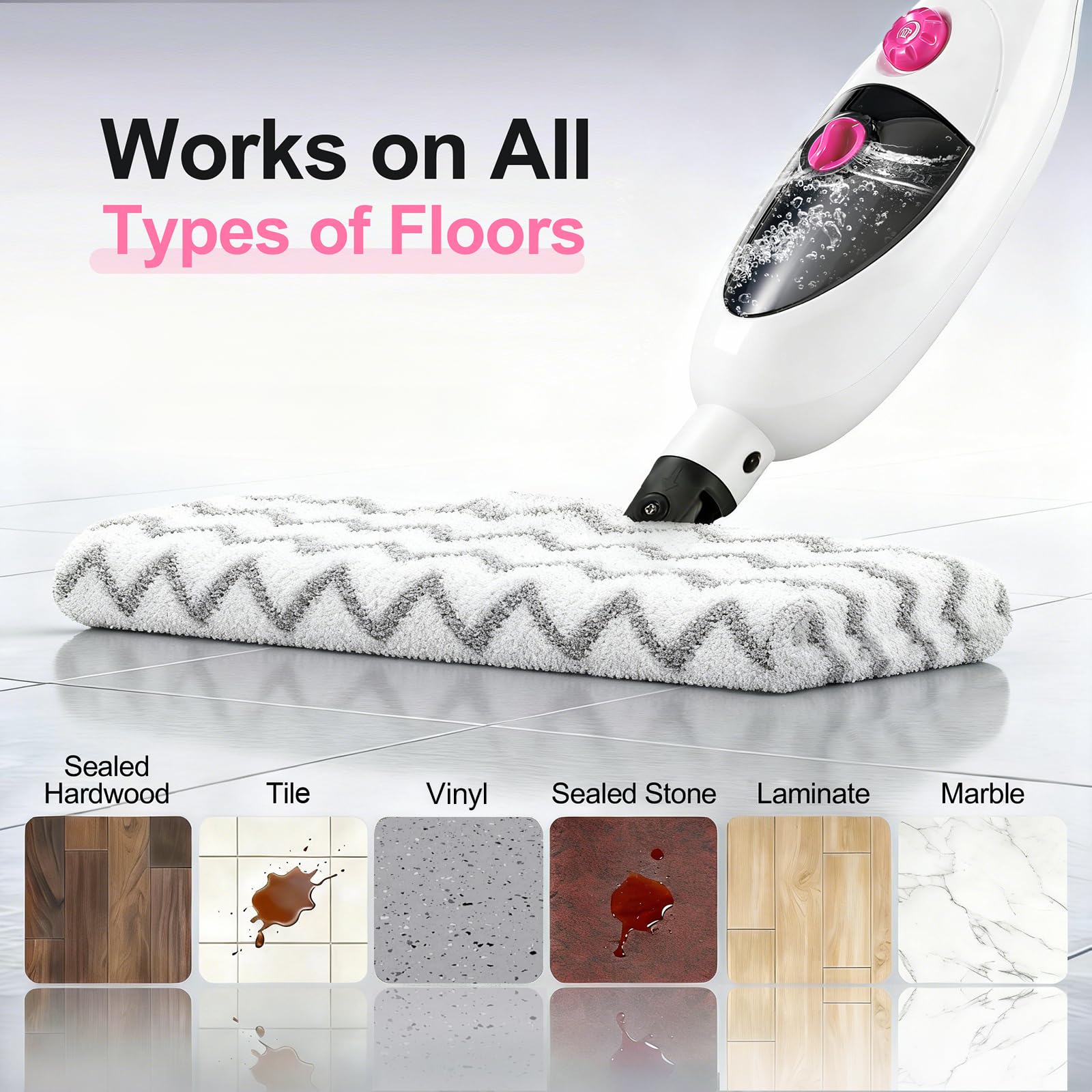 Moolan steam mop with 90° tilt and 180° swivel for corners.