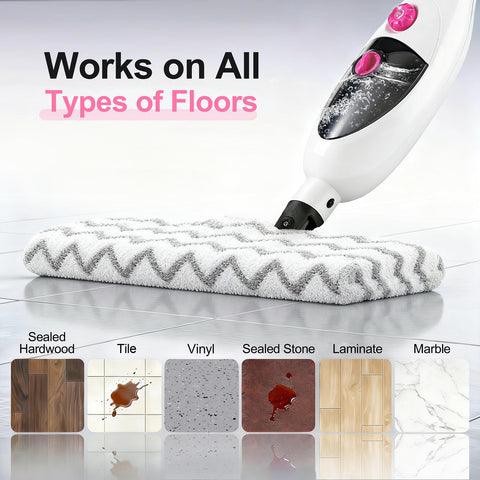 Moolan steam mop with 90° tilt and 180° swivel for corners.