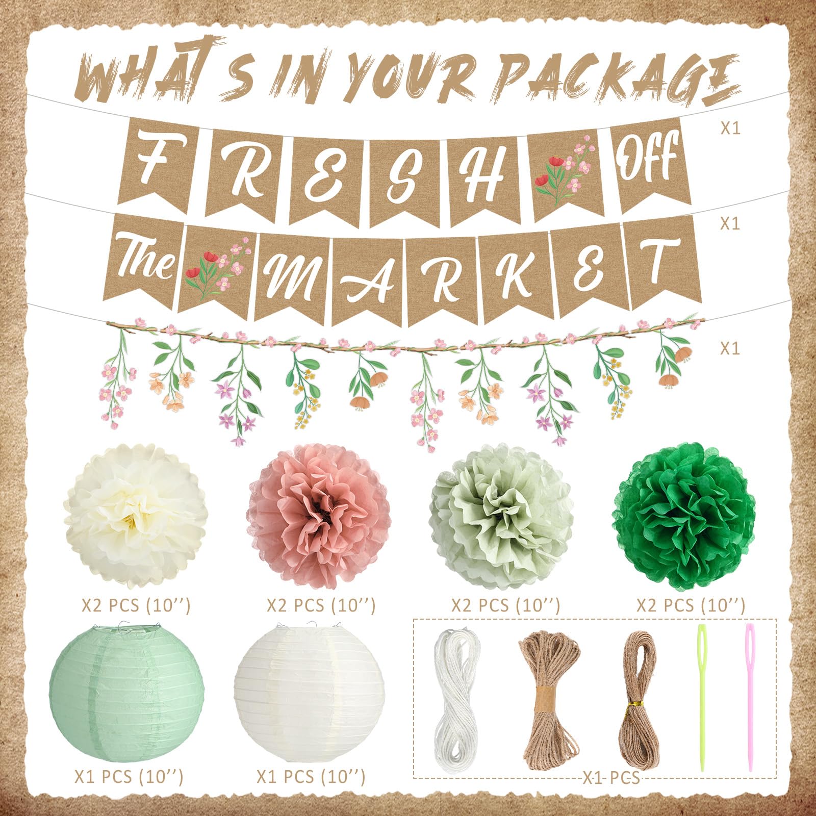 Mooliwe paper lanterns in sage green create soft ambient light.