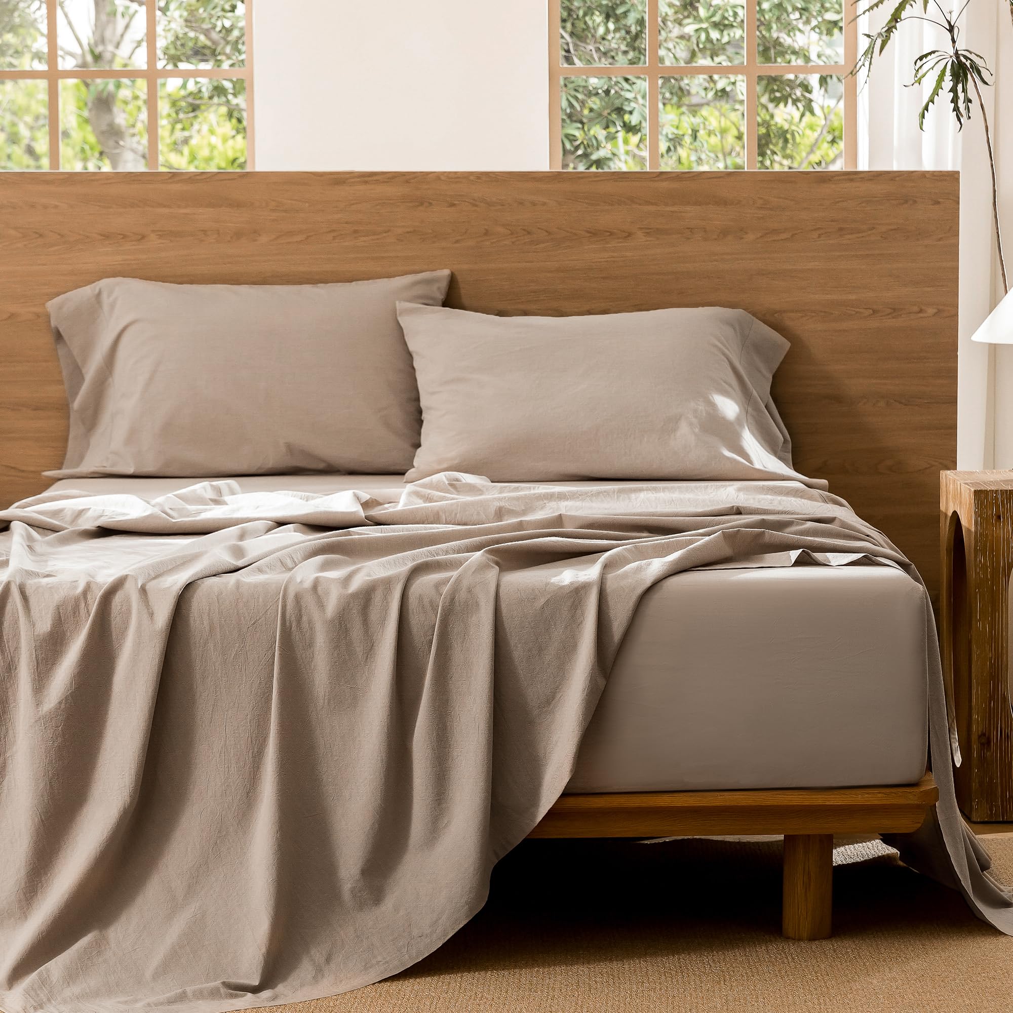 MooMee bed scene in Heathered Taupe highlights spa-like crisp linens
