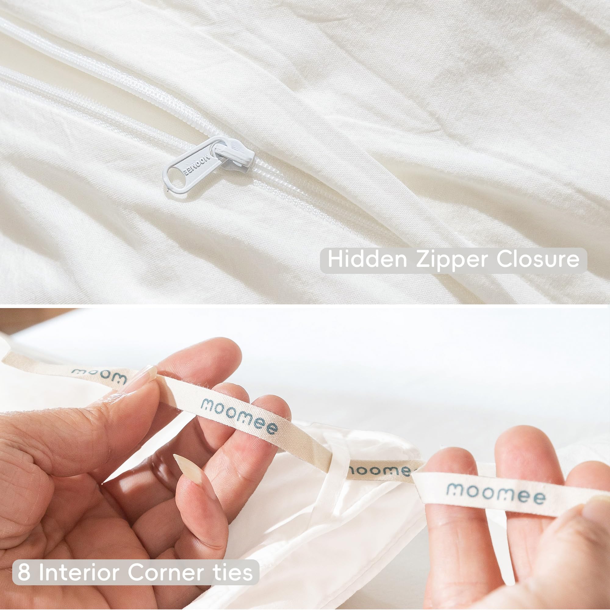 MooMee bedroom scene with off-white bedding in soft, inviting light.
