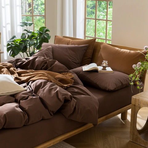 MooMee cozy cocoa brown bedroom scene inviting restful sleep