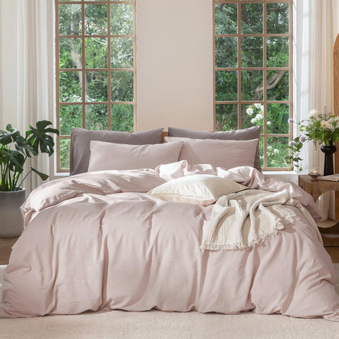 MooMee duvet cover in heathered greyish pink texture for breathable comfort.