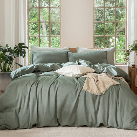 Moomee duvet cover in heathered green, queen 90x90, breathable year-round comfort