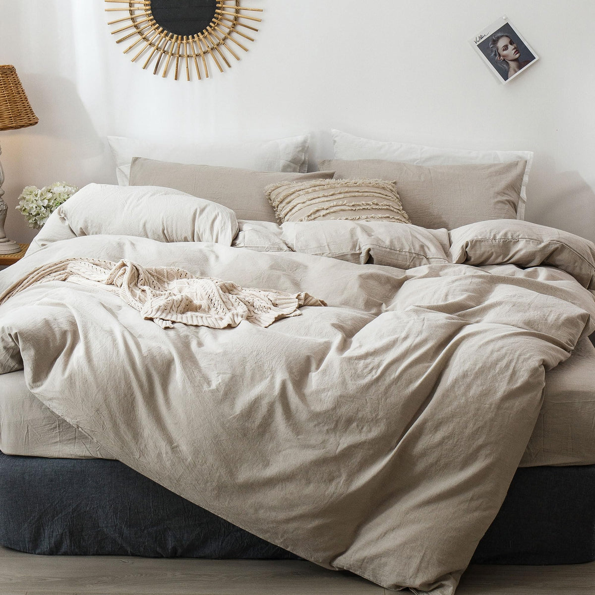 MooMee duvet cover texture close-up shows linen-like weave for breathable comfort.