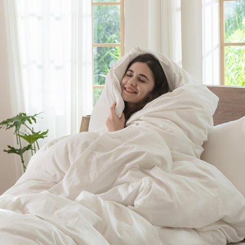 MooMee neutral off-white bedding creates calm, versatile bedroom ambience