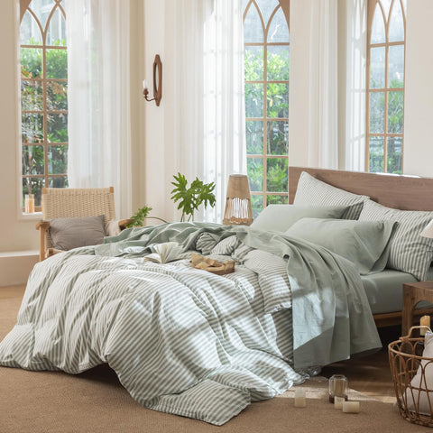 MooMee flat sheet and pillowcases display relaxed linen-like look.
