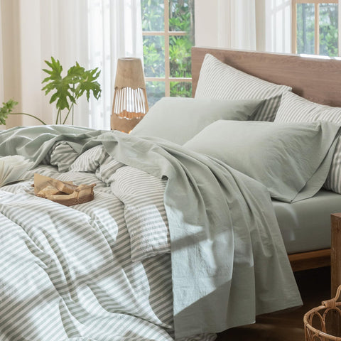 MooMee bedding set with linen-like texture in sage green for a resort-ready bedroom.