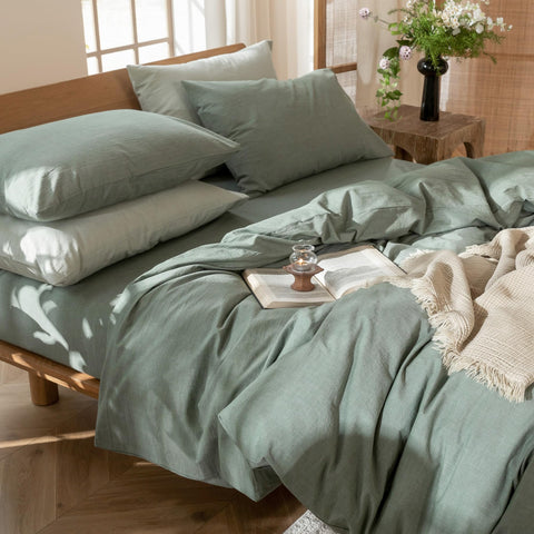 Cozy MooMee bedding setup in a bedroom scene for restful nights