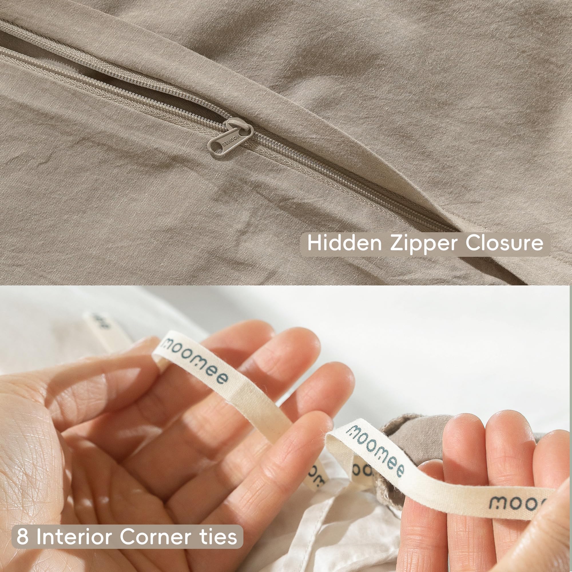 MooMee textured bedding in linen-gray tones adds resort-style vibe.