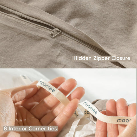 MooMee textured bedding in linen-gray tones adds resort-style vibe.