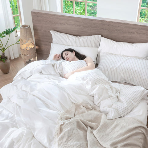 MooMee washed cotton texture close-up emphasizes linen-like feel.