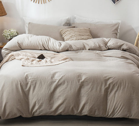 MooMee heathered tannish linen gray adds subtle sophistication to bedrooms.