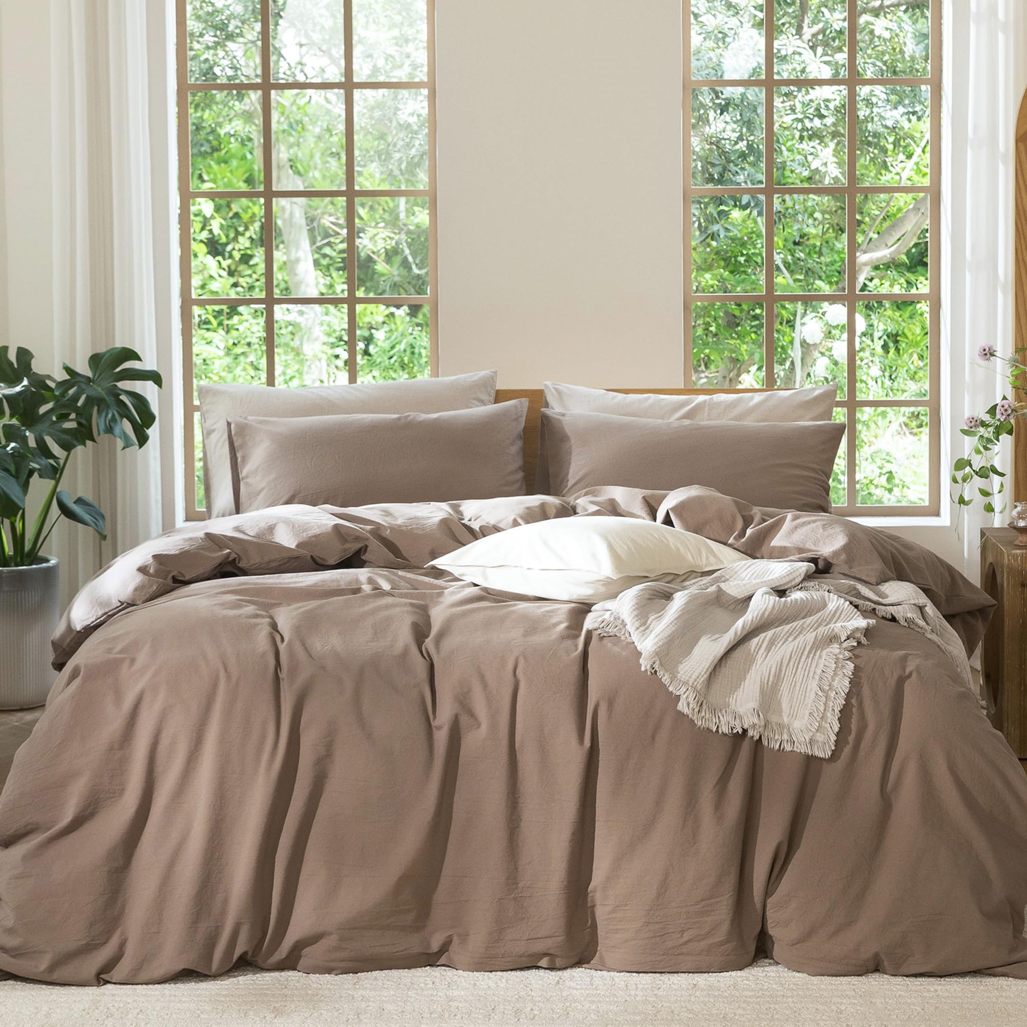 MooMee bedding duvet cover solid brown in king size, breathable and soft