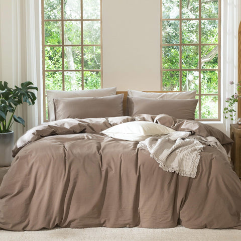 MooMee bedding duvet cover solid brown in king size, breathable and soft