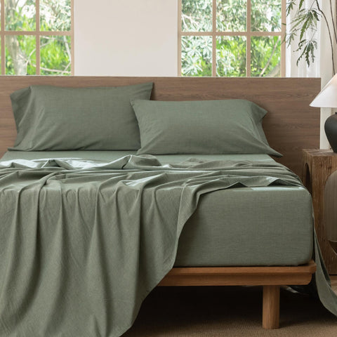 MooMee bedding set king in Heathered Green adds versatile style to bedroom decor.