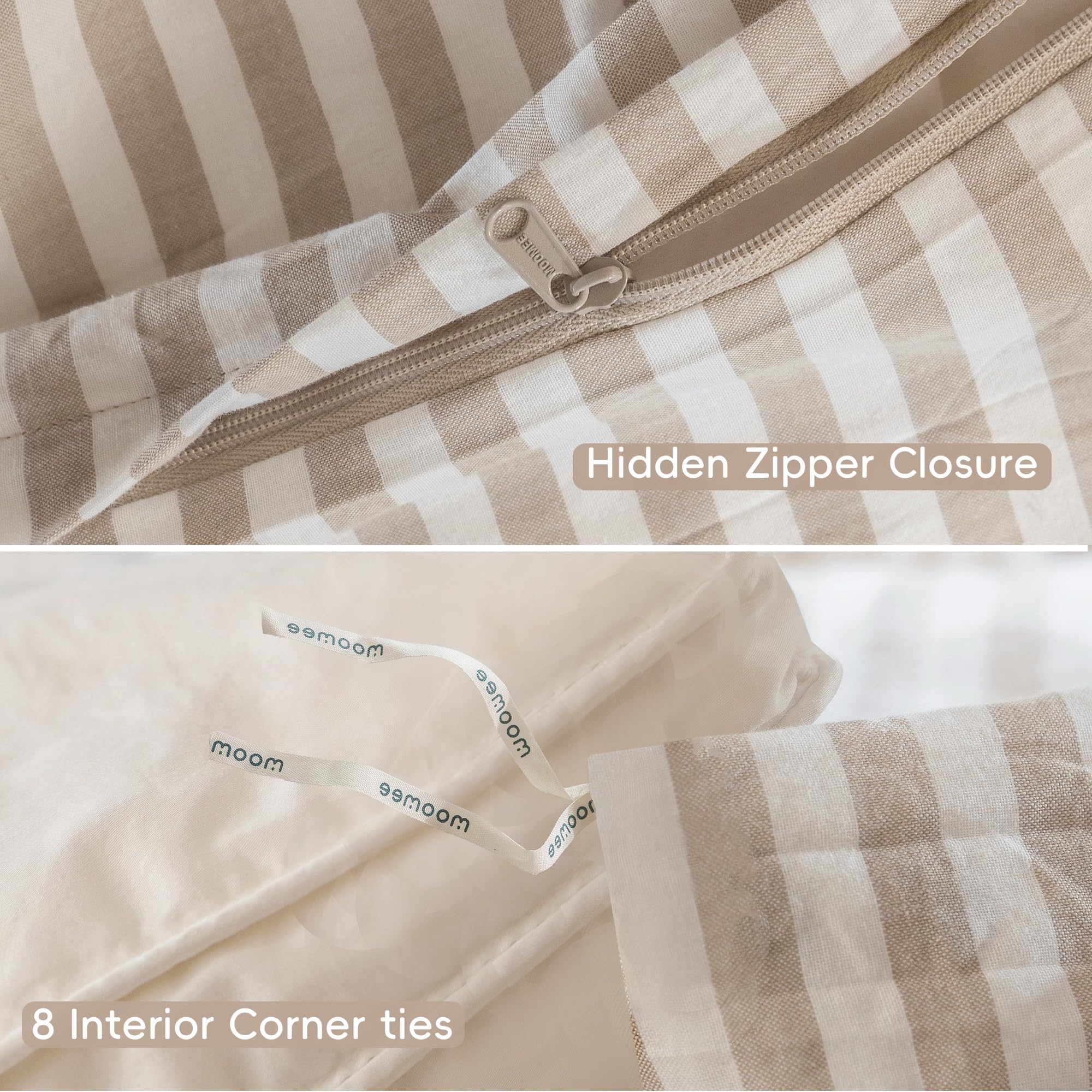 MooMee striped duvet cover fabric closeup signals resort-ready cozy vibe.