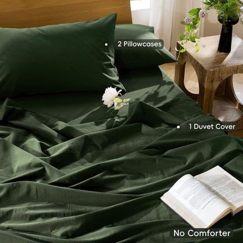 MooMee forest green pillowcases with envelope closures for easy, secure pillow fitting.