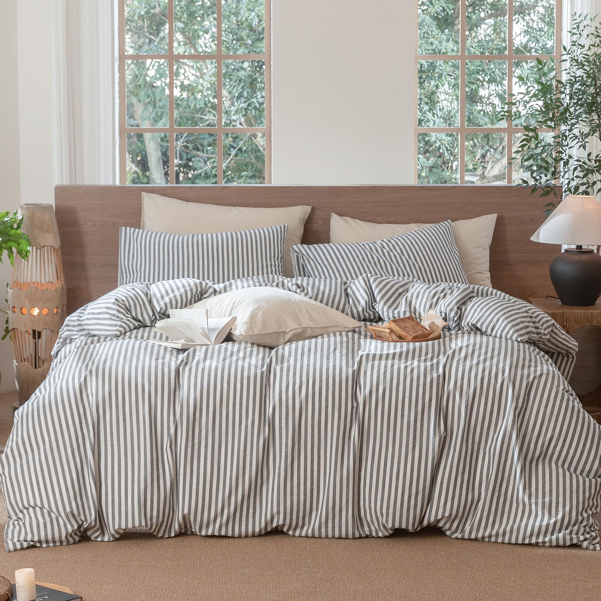 MooMee striped duvet cover set in king size shows textured cotton-like fabric for cozy nights.