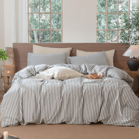 MooMee striped duvet cover set in king size shows textured cotton-like fabric for cozy nights.