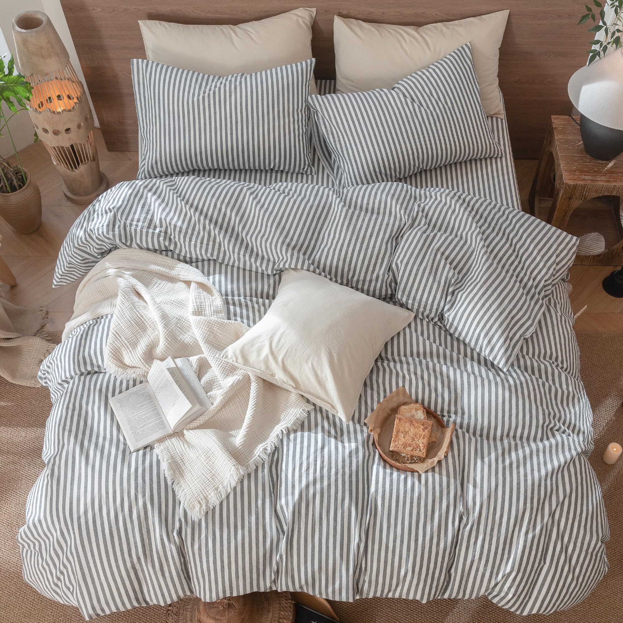MooMee dark grey and white stripes add modern style to the bedroom.
