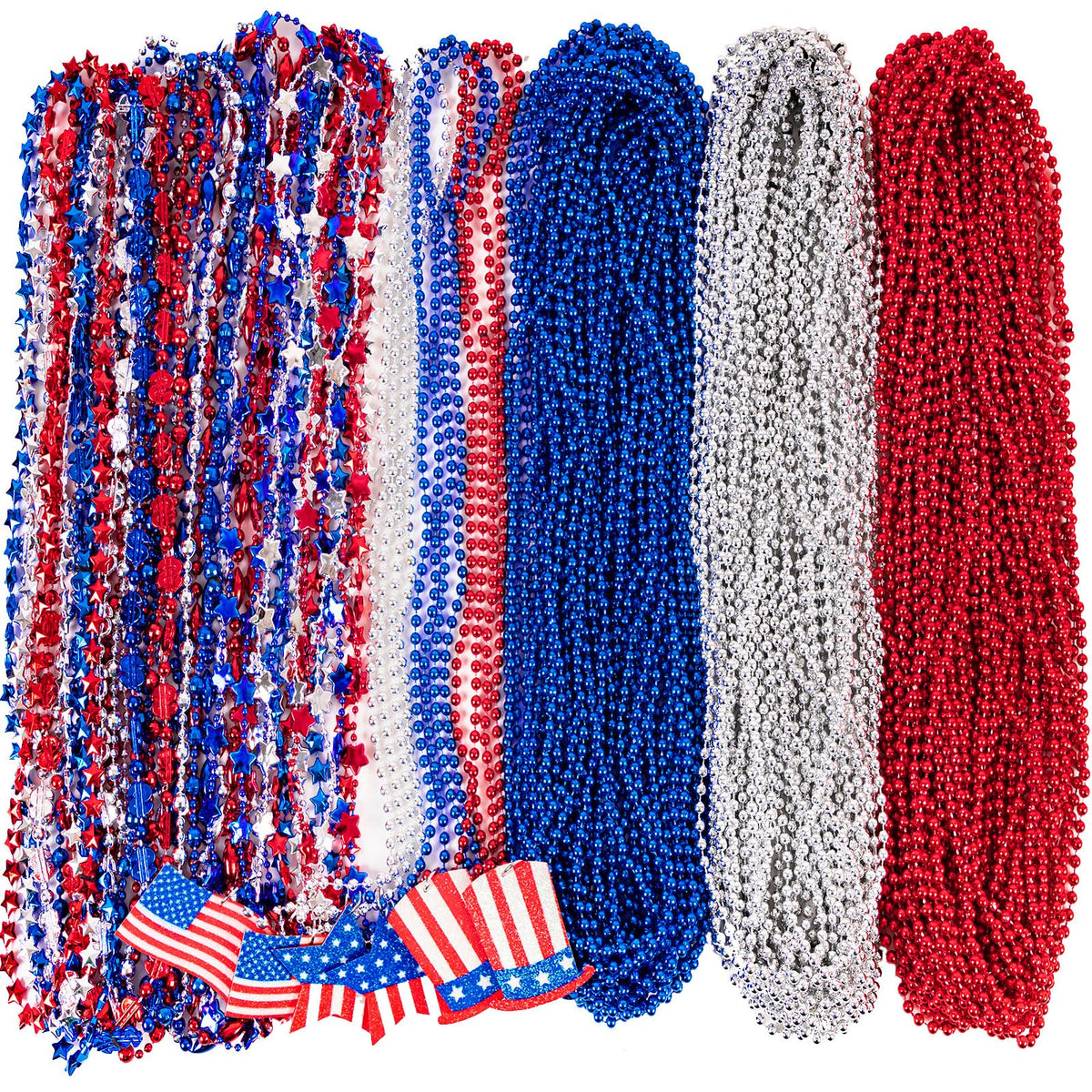 Moon Boat 72pcs necklaces with blue white red beads for patriotic celebrations.