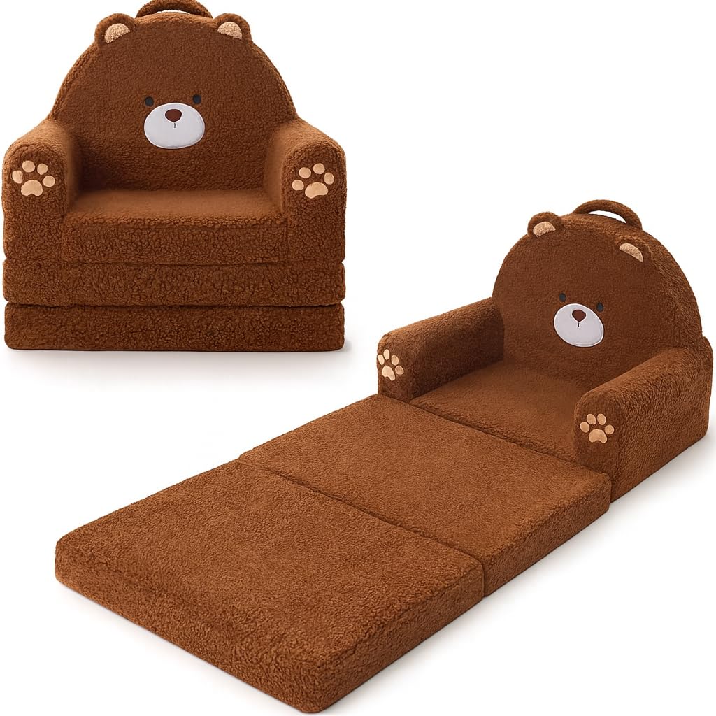 Moonbeeki 2-in-1 foldable toddler couch with bear face for cozy independent seating.