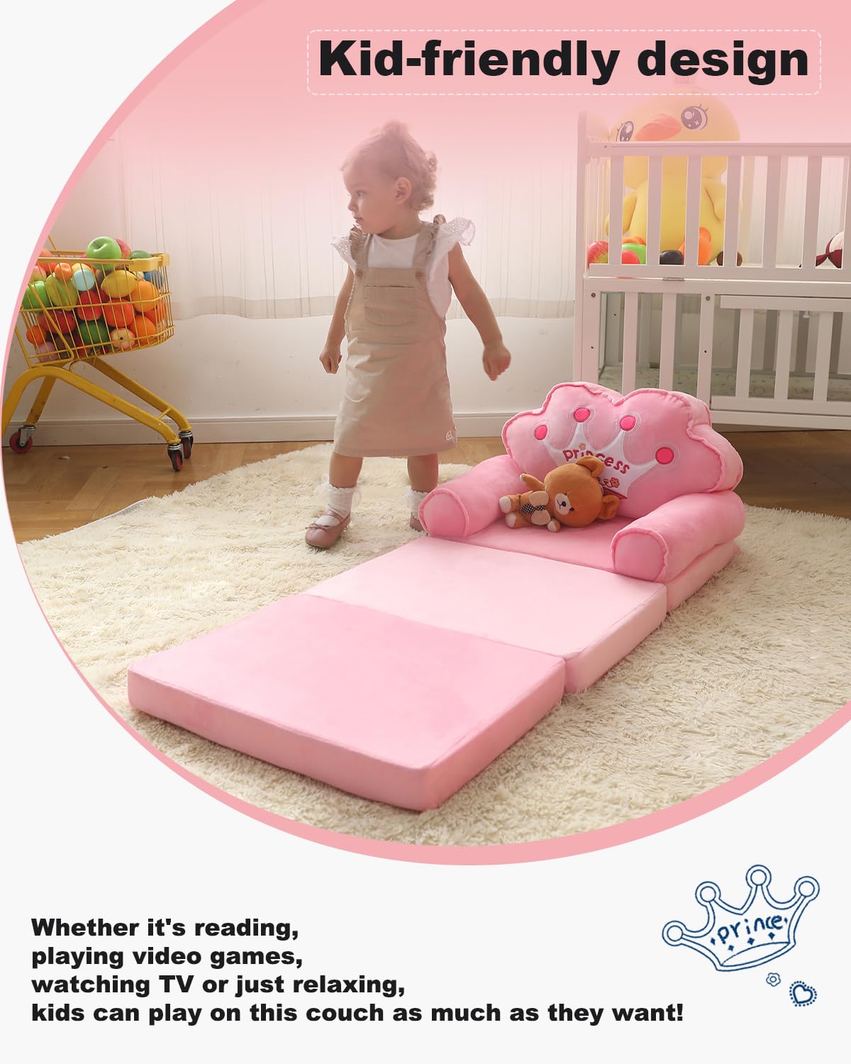 MOONBEEKI Kids Couch Fold Out pink extra-wide armrests support toddlers