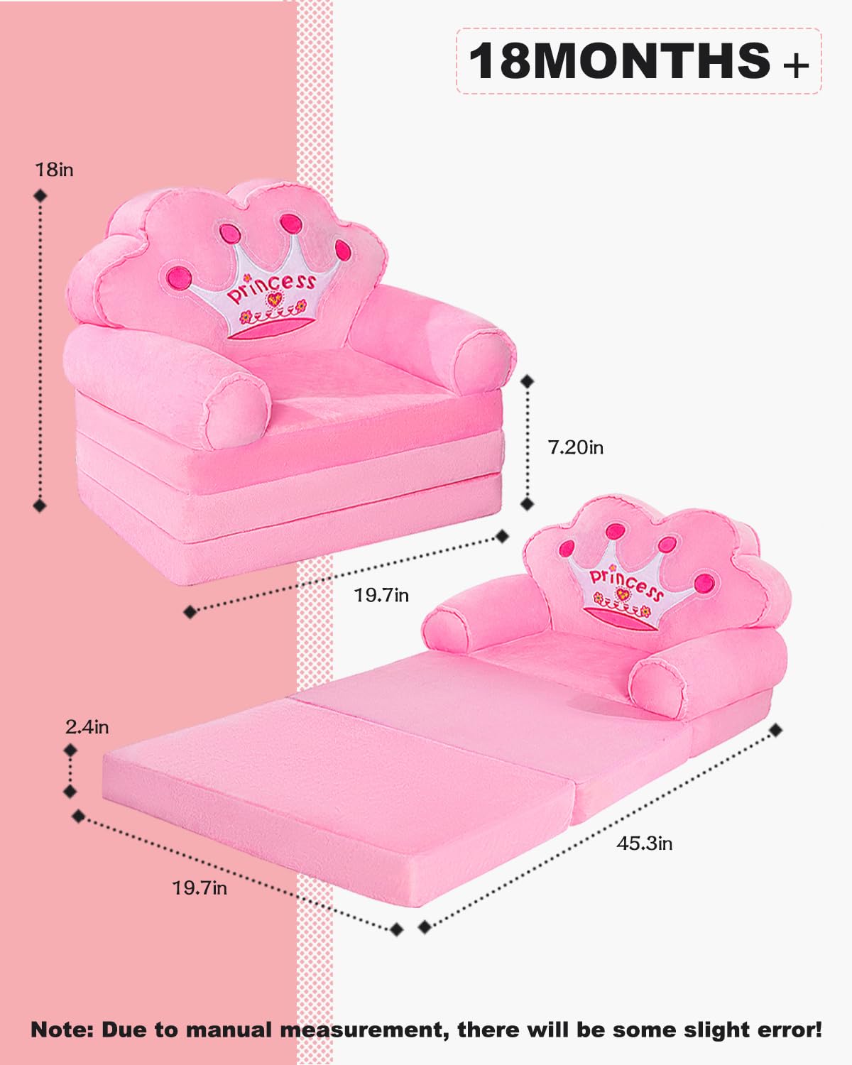 MOONBEEKI Kids Couch Fold Out pink cartoon design adds cute room decor