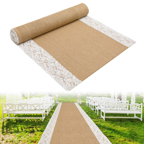 Moonoom aisle runner with lace edges, rustic ambiance for ceremonies.