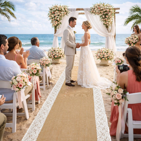 moonoom beach wedding aisle runner creates a natural coastal backdrop