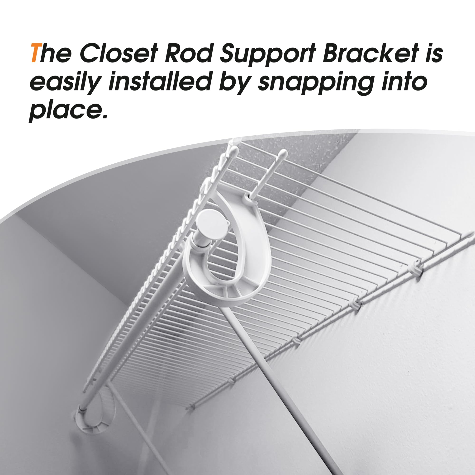 Moonoom closet rod support in use to organize hanging clothes with adjustable spacing.