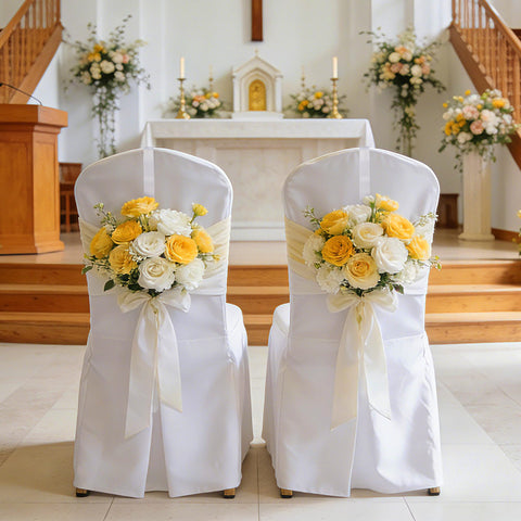 Moonoom flower-hanger clip anchors flowers along chair backs for elegance