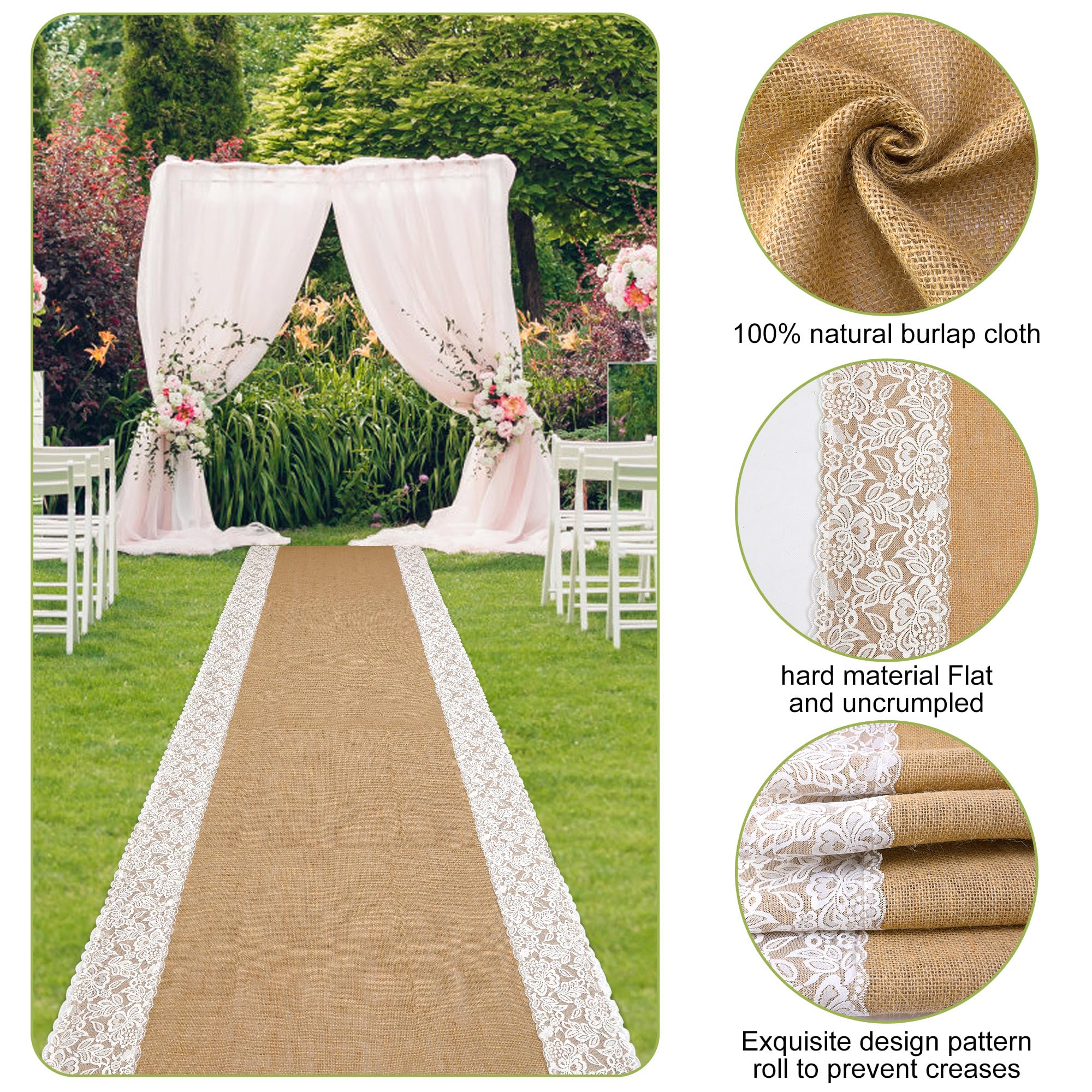 Moonoom lace-trimmed burlap runner adds delicate detail to rustic weddings.