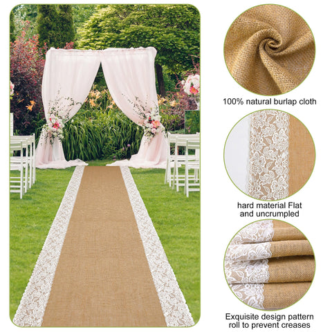 Moonoom lace-trimmed burlap runner adds delicate detail to rustic weddings.