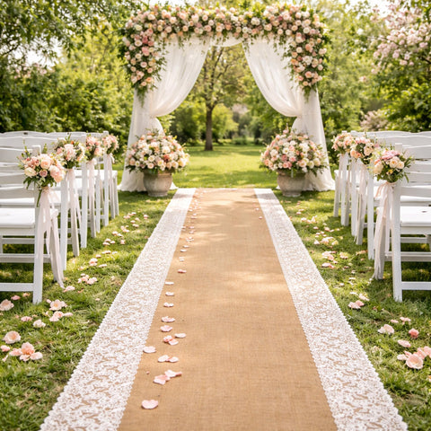 moonoom burlap aisle with lace edge frames moments with warm romantic ambiance