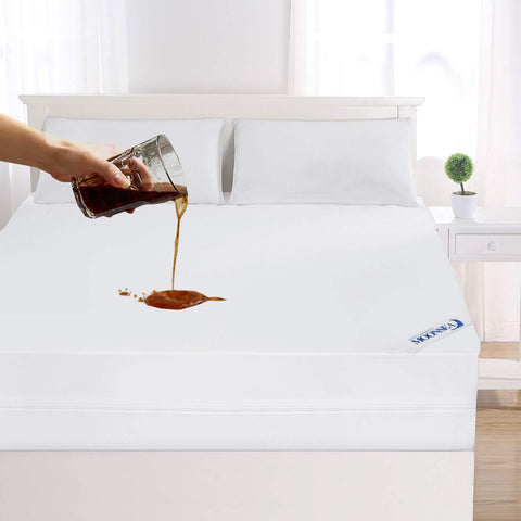 Moonsea full-size protector on mattress with 8-10 inch pocket.