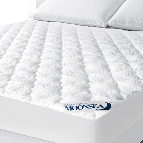 Moonsea queen mattress pad packaging and fluff image shows post-unpack loft.