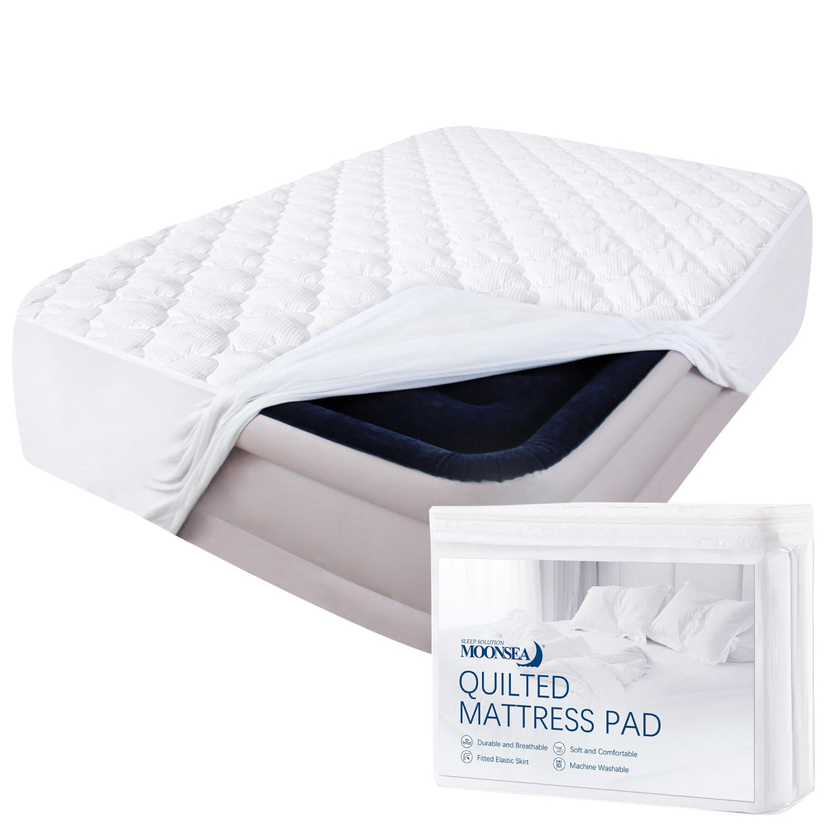 Moonsea queen mattress pad soft-touch view highlights cozy, breathable fabric.