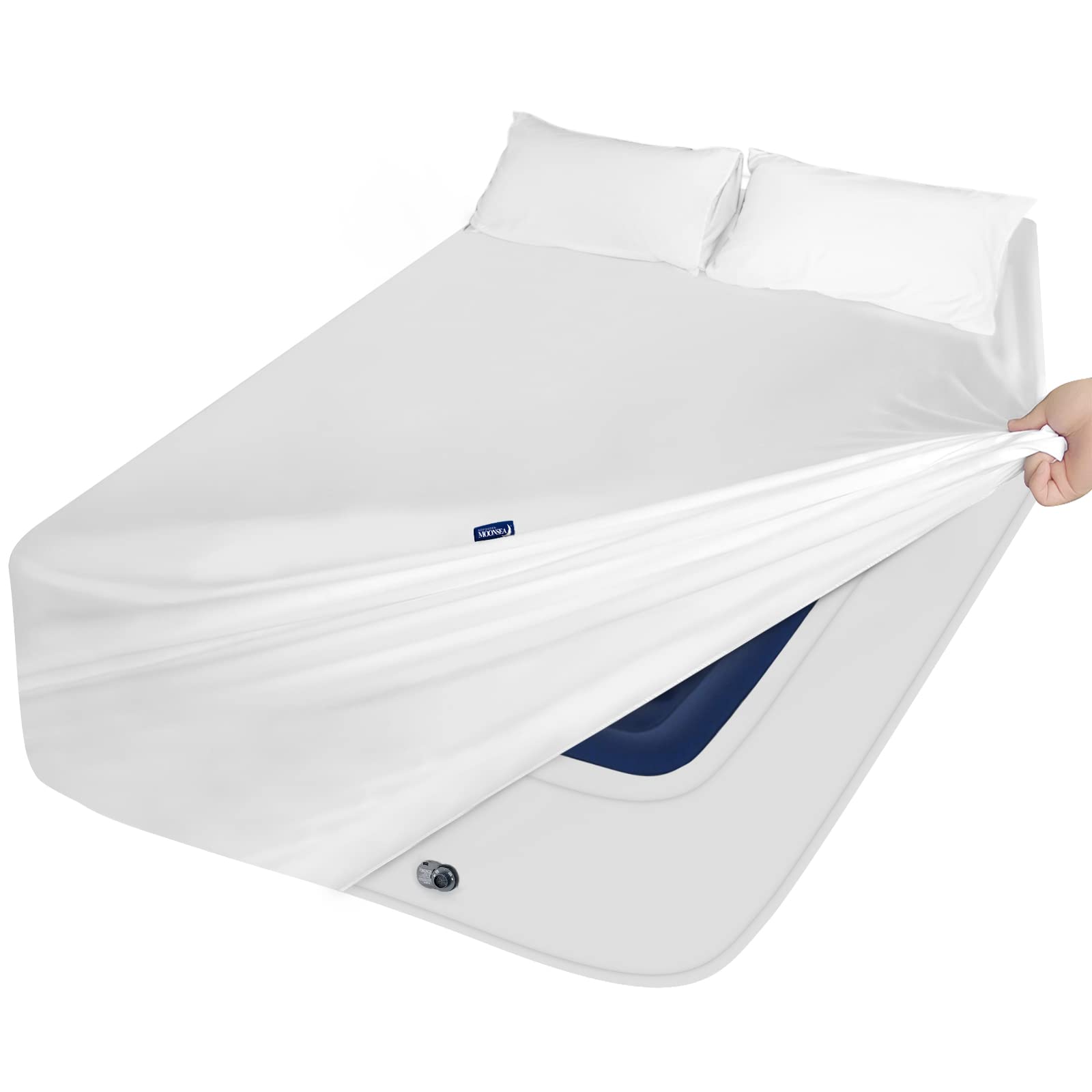 Moonsea Queen Sheet Sets on air mattress with a fitted sheet for a snug, secure fit.
