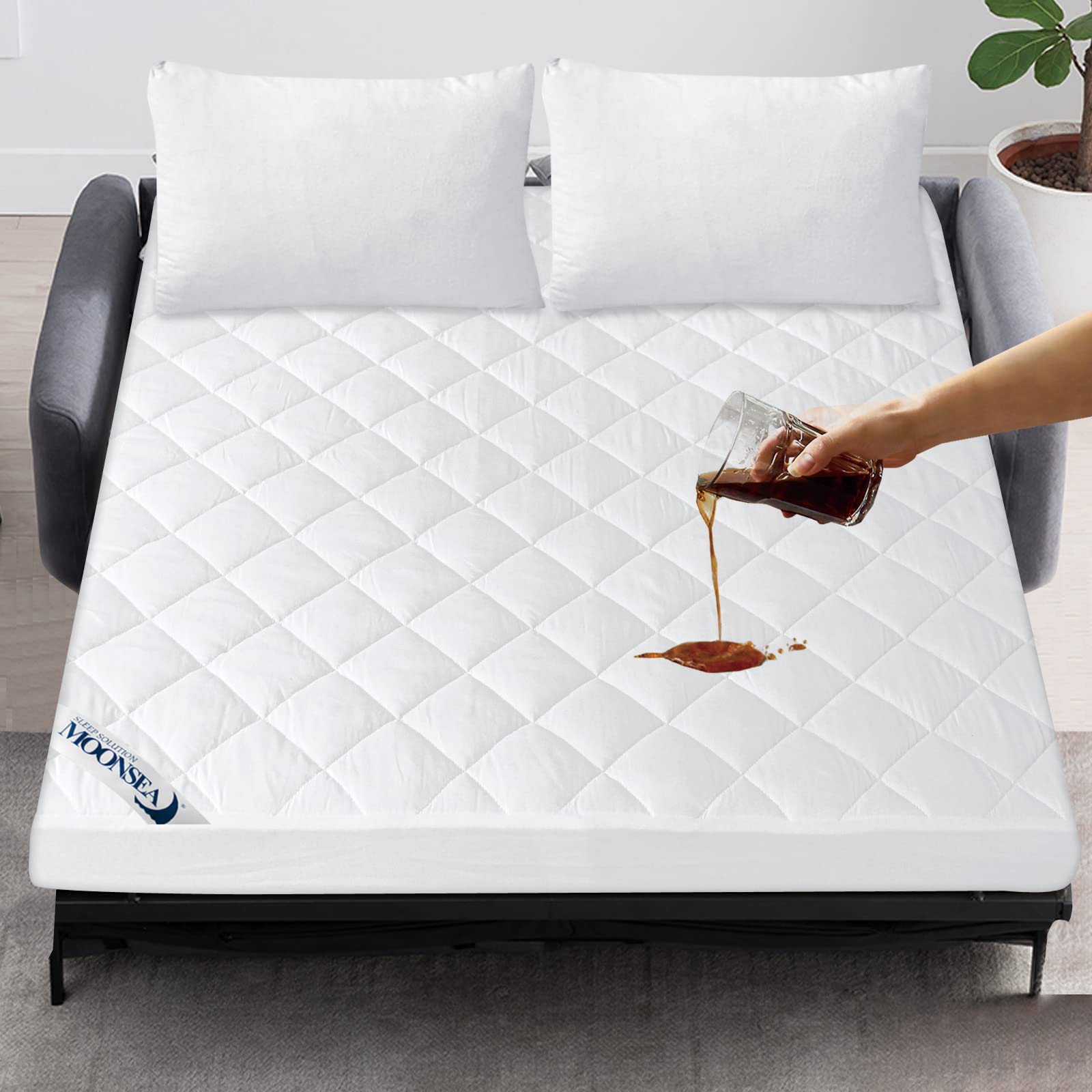 Moonsea waterproof sofa bed mattress pad protecting full mattress from spills and accidents.