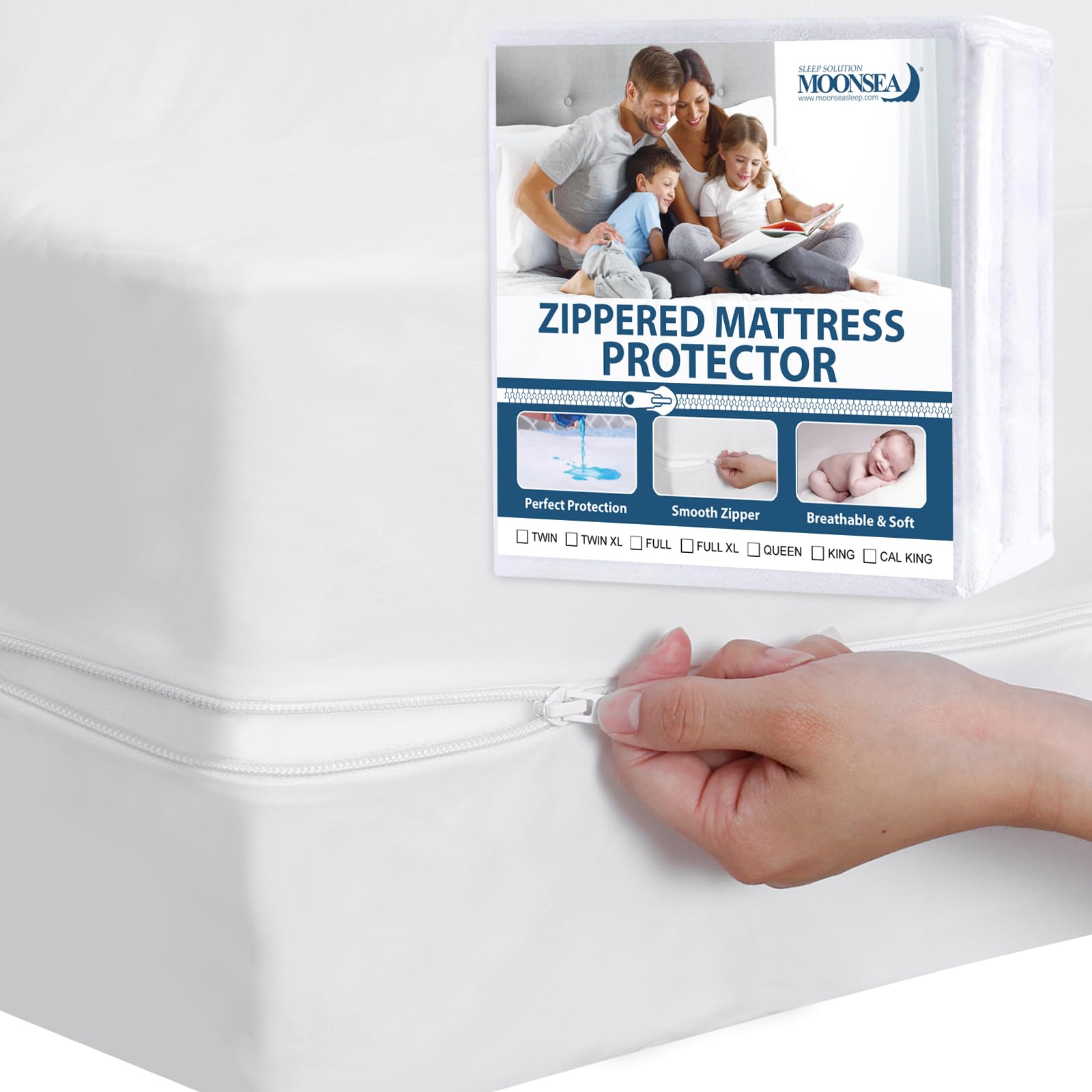 Moonsea zippered waterproof mattress protector on a full bed protects against leaks.