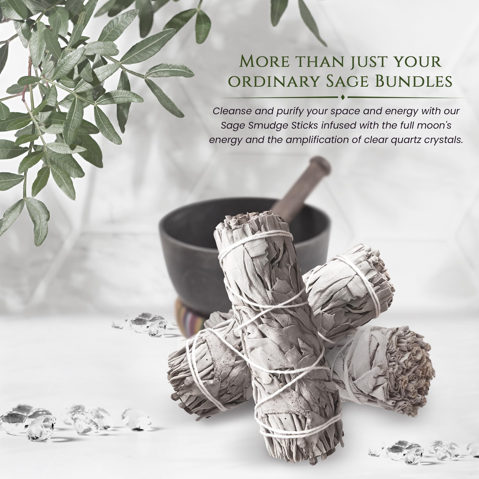 Moonwater Elixirs white sage smudge stick with clear quartz amplifying cleansing energy.