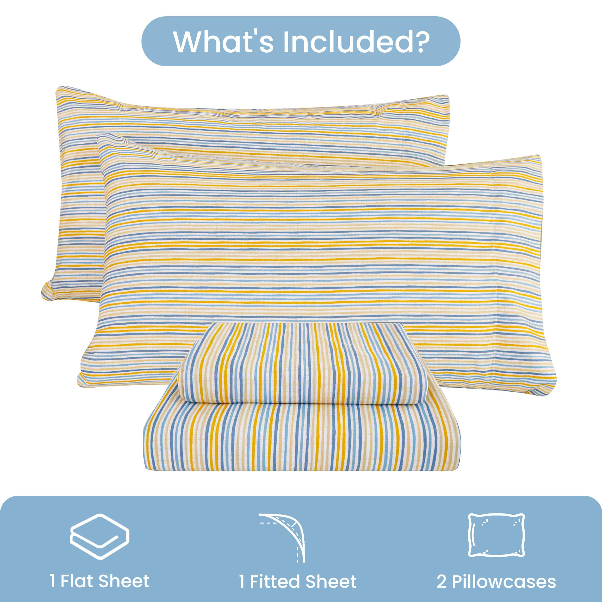 Mooreeke blue-yellow pinstripe bedding adds stylish texture to bedrooms.