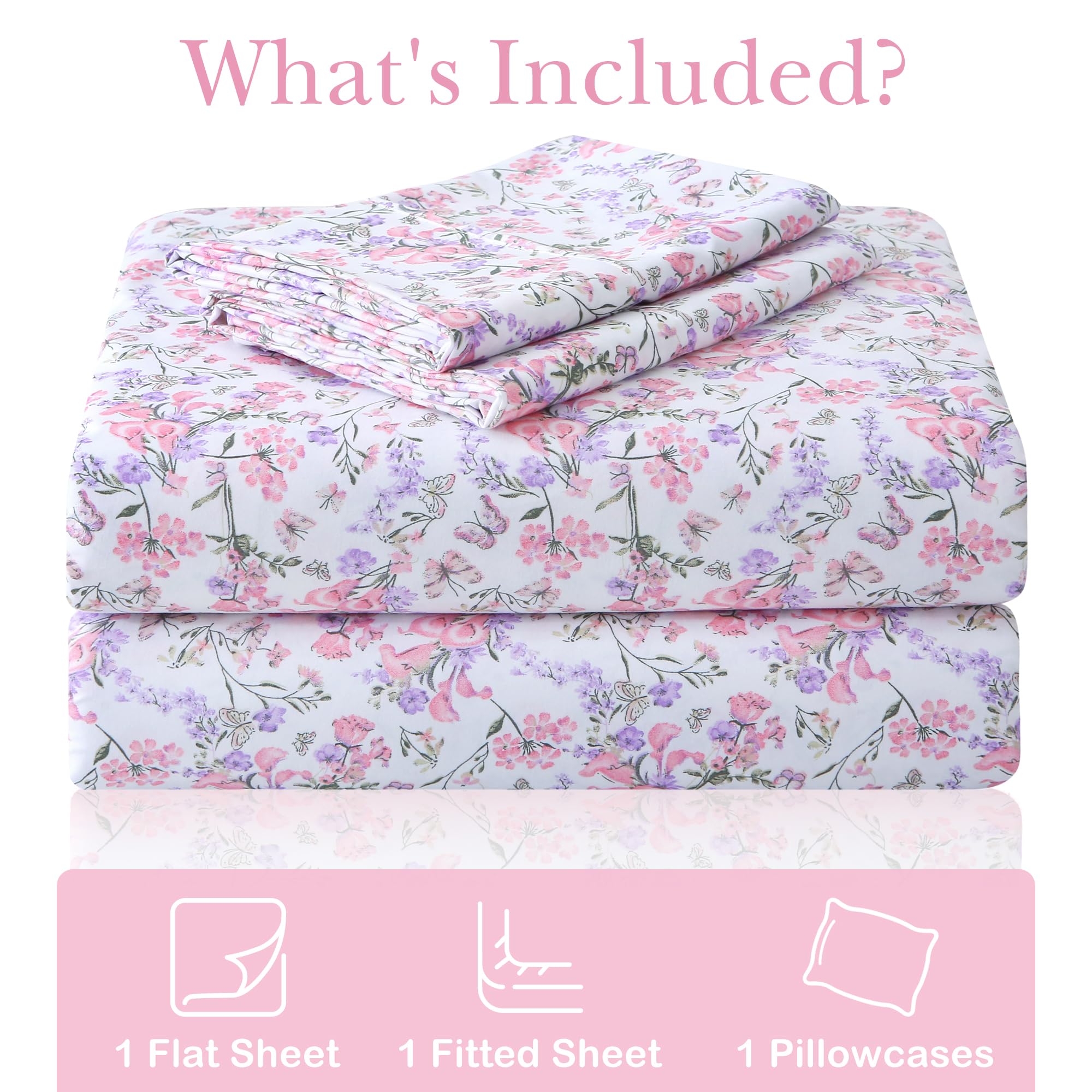 Close-up of Mooreeke floral pattern on twin sheets showing vibrant pink purple flowers.