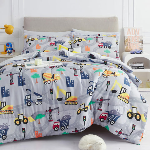 Mooreeke Excavator twin comforter in a boy’s room, bold print and soft texture.