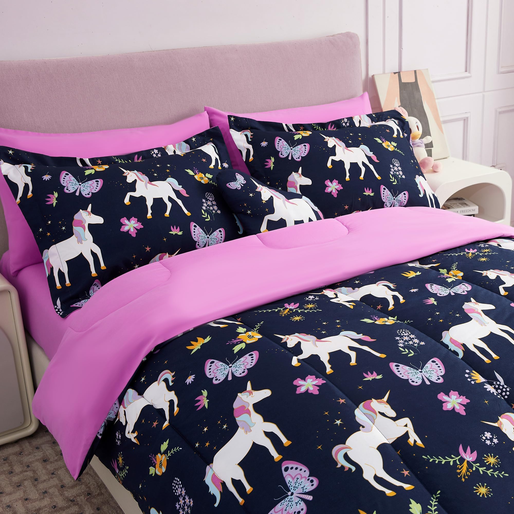 Mooreeke unicorn-pattern flat sheet highlights soft, easy-care bedding for kids.