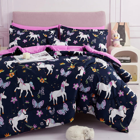 Mooreeke unicorn twin comforter set on bed showing plush microfiber warmth for cozy nights.