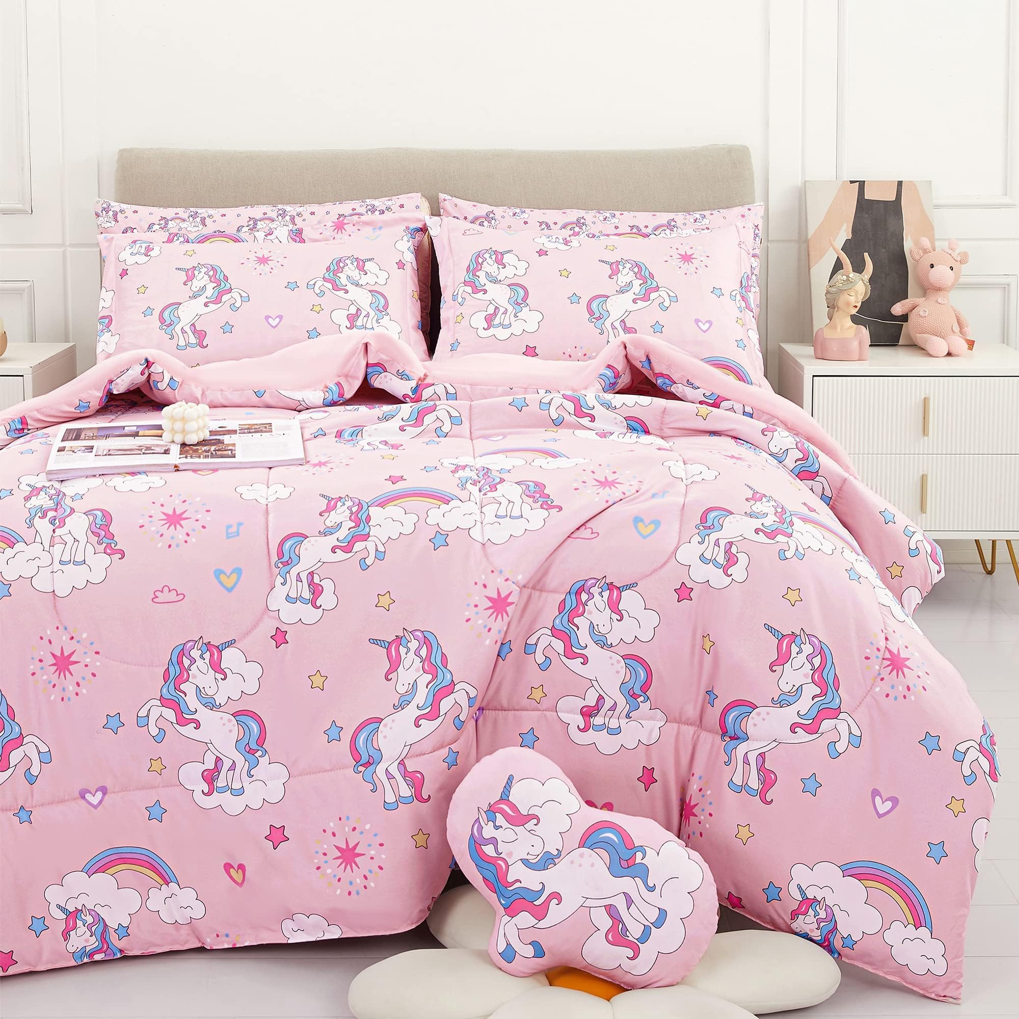 Mooreeke kids twin unicorn comforter set with playful unicorn motif for cozy bedroom decor.