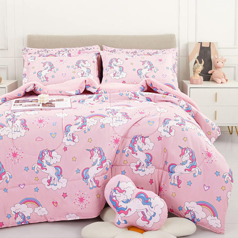 Mooreeke kids twin unicorn comforter set with playful unicorn motif for cozy bedroom decor.